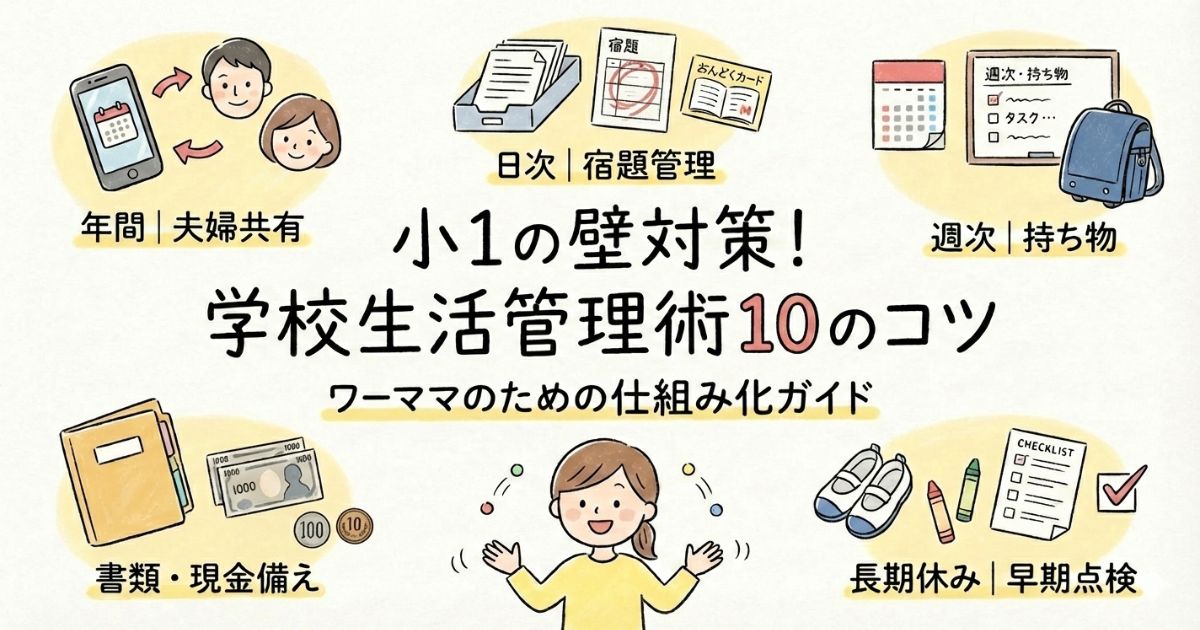 小１の壁対策｜ワーママ向け学校生活管理術１０のコツ記事アイキャッチ画像
