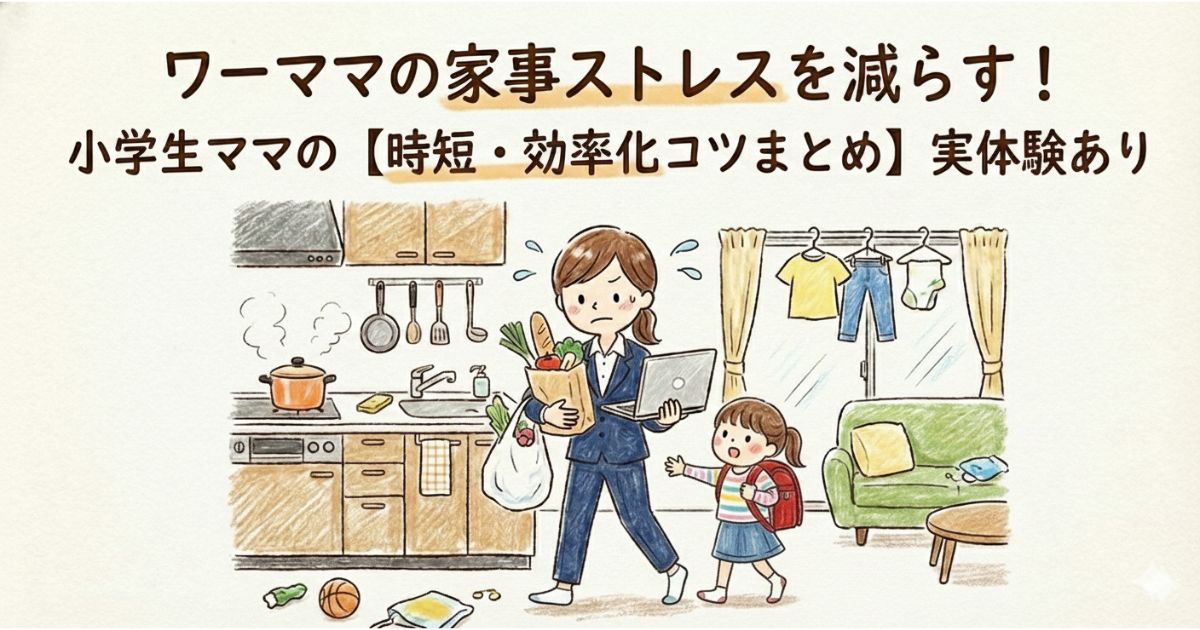 ワーママの家事ストレス減のための時短・効率化コツ記事のアイキャッチ画像