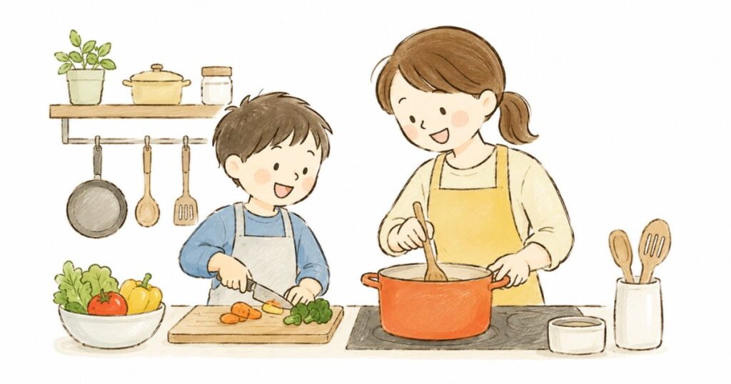 親子が料理をしている画像